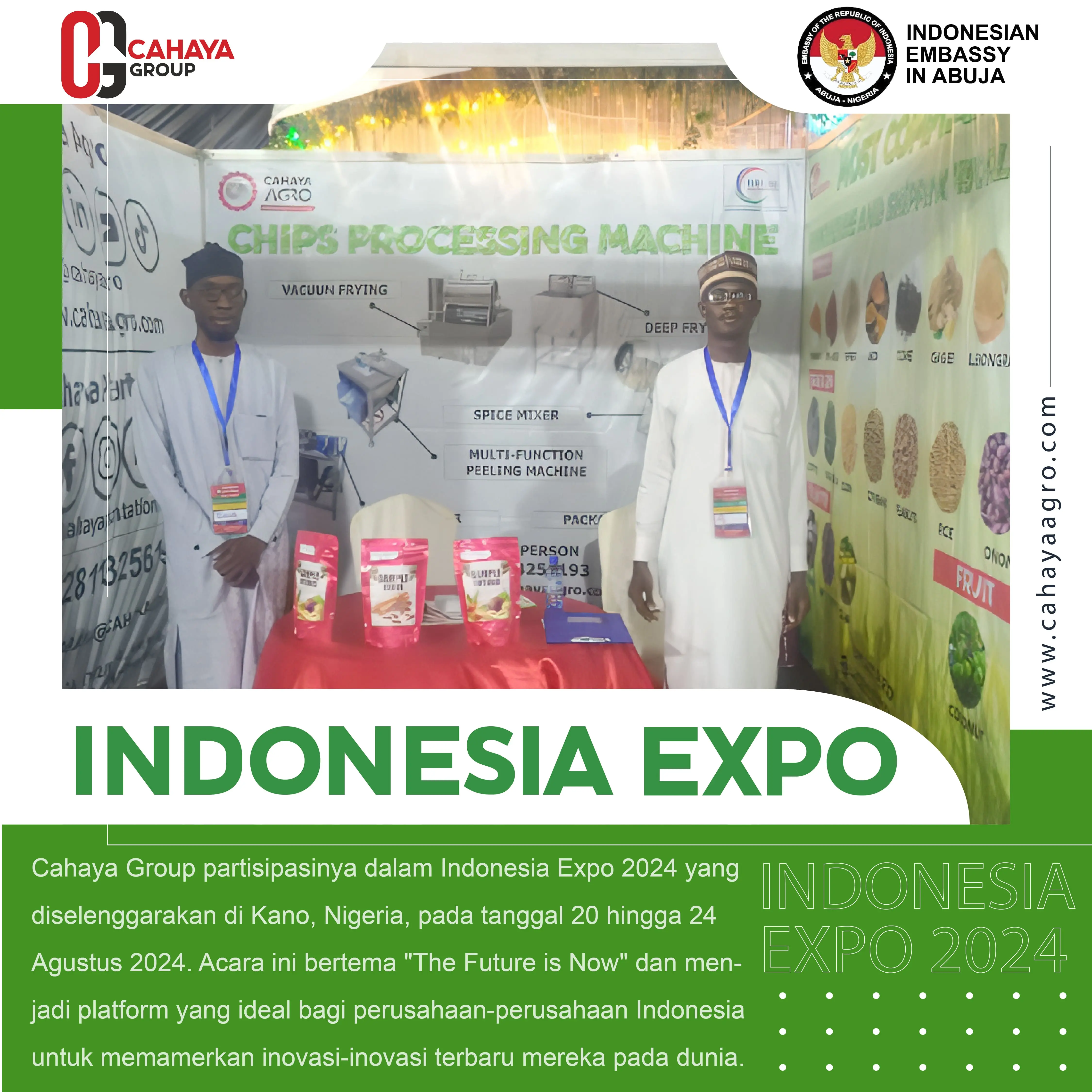 Cahaya Agro  partisipasinya dalam Indonesia Expo 2024 yang akan diselenggarakan di Kano, Nigeria, pada tanggal 20 hingga 24 Agustus 2024.