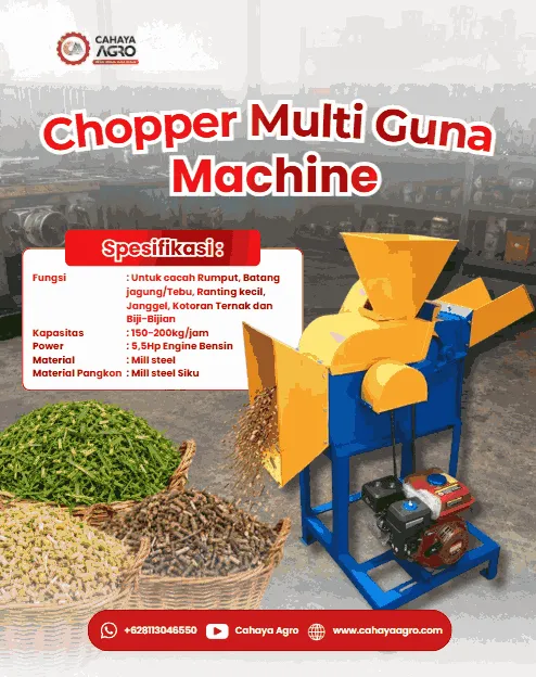 Mesin Chopper Multi Guna Cahaya Agro efisien mencacah rumput, batang jagung, hingga biji-bijian. Kapasitas 150-200 kg/jam dengan mesin 5,5 HP bodi kokoh.