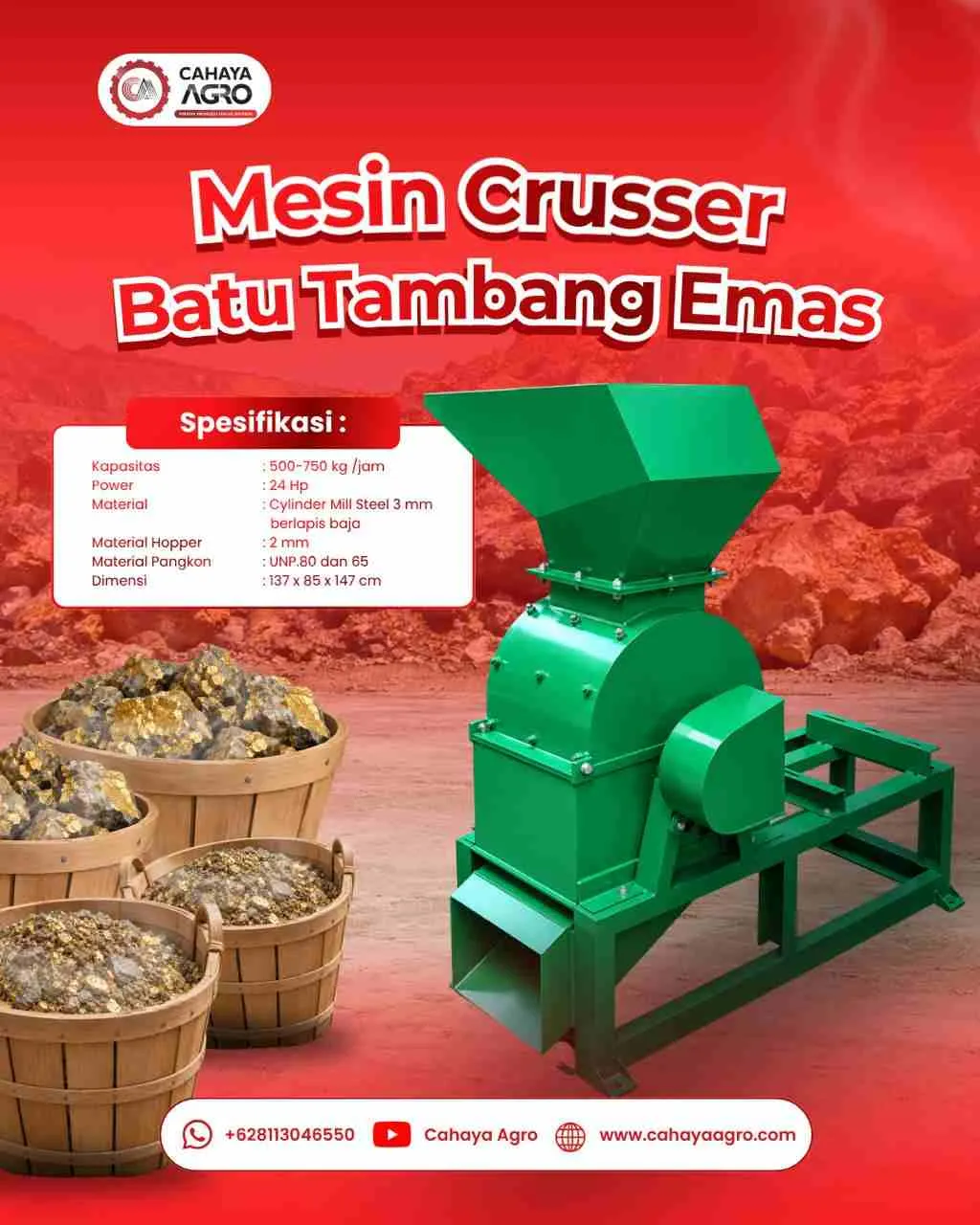Mesin Crusher Batu Tambang Emas dari Cahaya Agro Teknik memiliki kapasitas 500–750 kg/jam dan dirancang untuk membantu proses penghancuran material tambang secara lebih efektif.