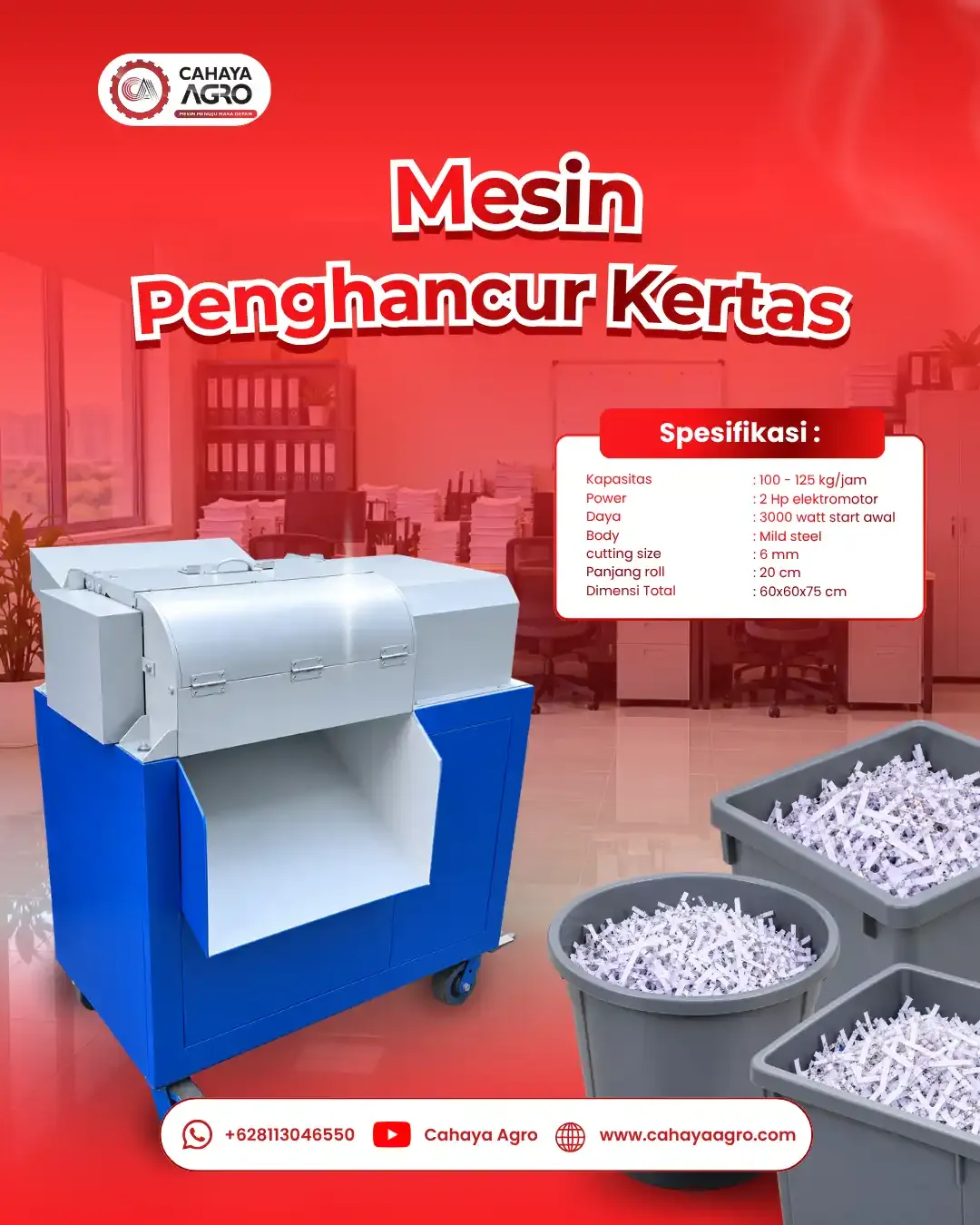 mesin penghancur kertas, mesin penghancur kertas industri, mesin penghancur dokumen, mesin penghancur kertas kapasitas besar, mesin penghancur kertas 100–125 kg per jam, mesin penghancur kertas 2 HP, mesin pengolahan limbah kertas, mesin industri, mesin penghancur kertas untuk perusahaan, PT Cahaya Agro Teknik.